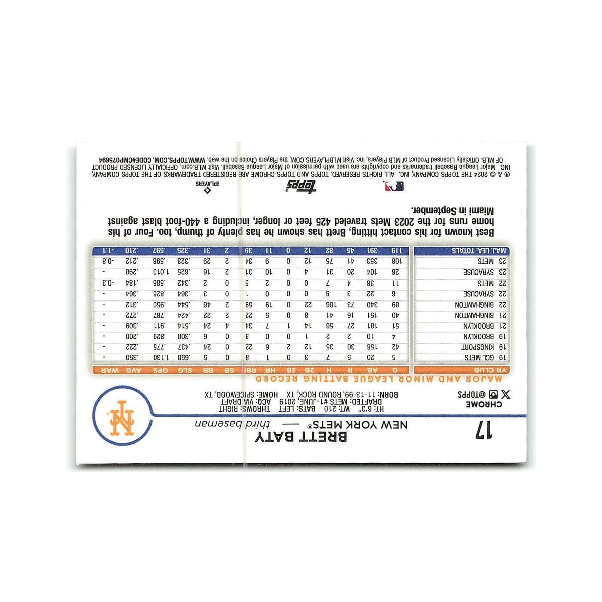 Brett Baty 2024 Topps Chrome #17 New York Mets Baseball Card NM