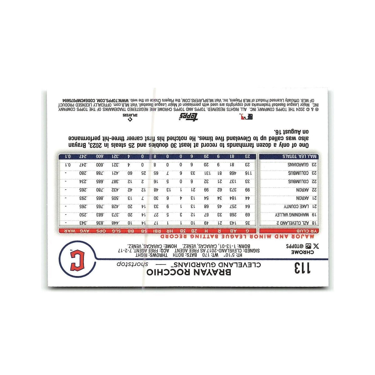 Brayan Rocchio 2024 Topps Chrome #113 Cleveland Guardians Baseball Card NM
