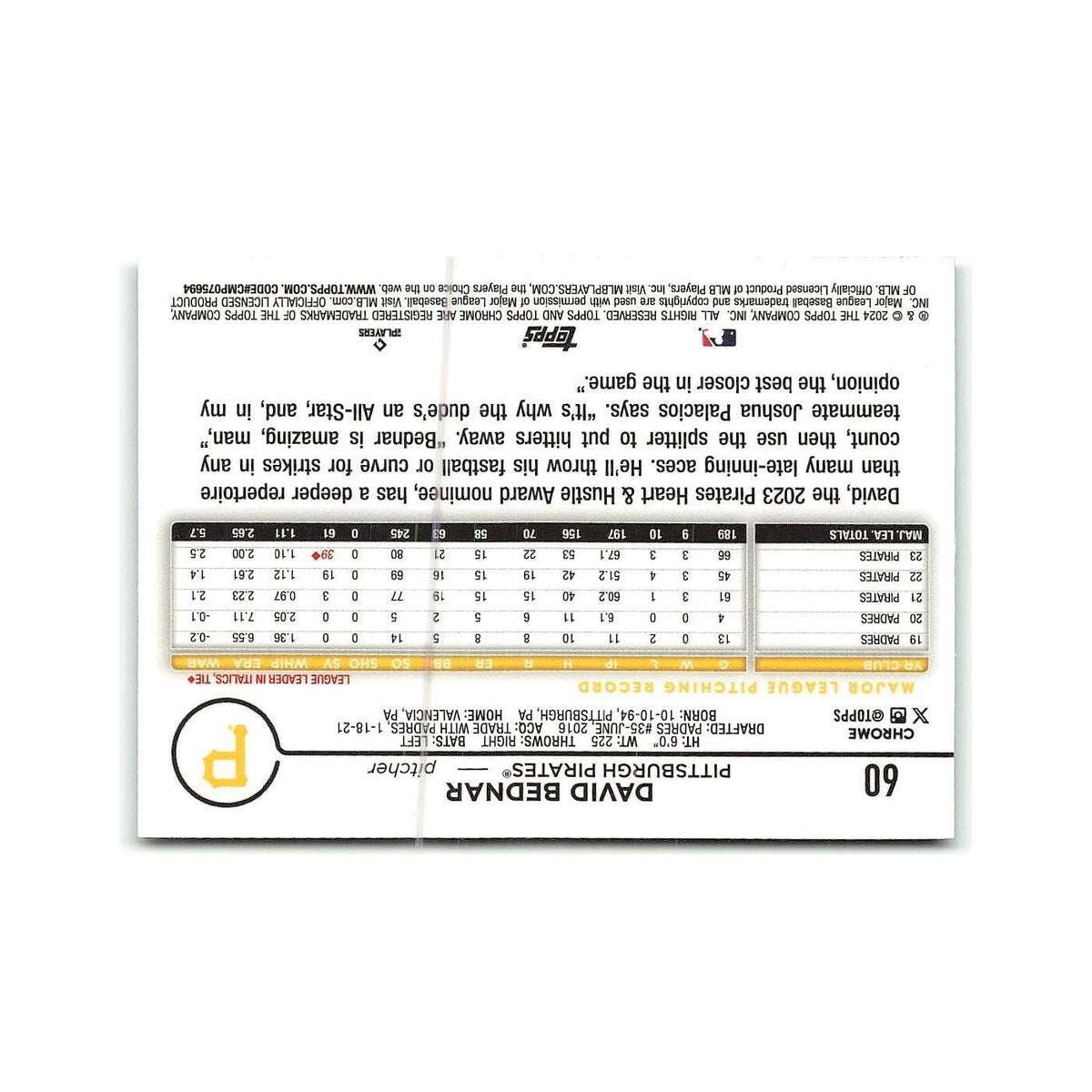 David Bednar 2024 Topps Chrome #60 Pittsburgh Pirates Baseball Card NM