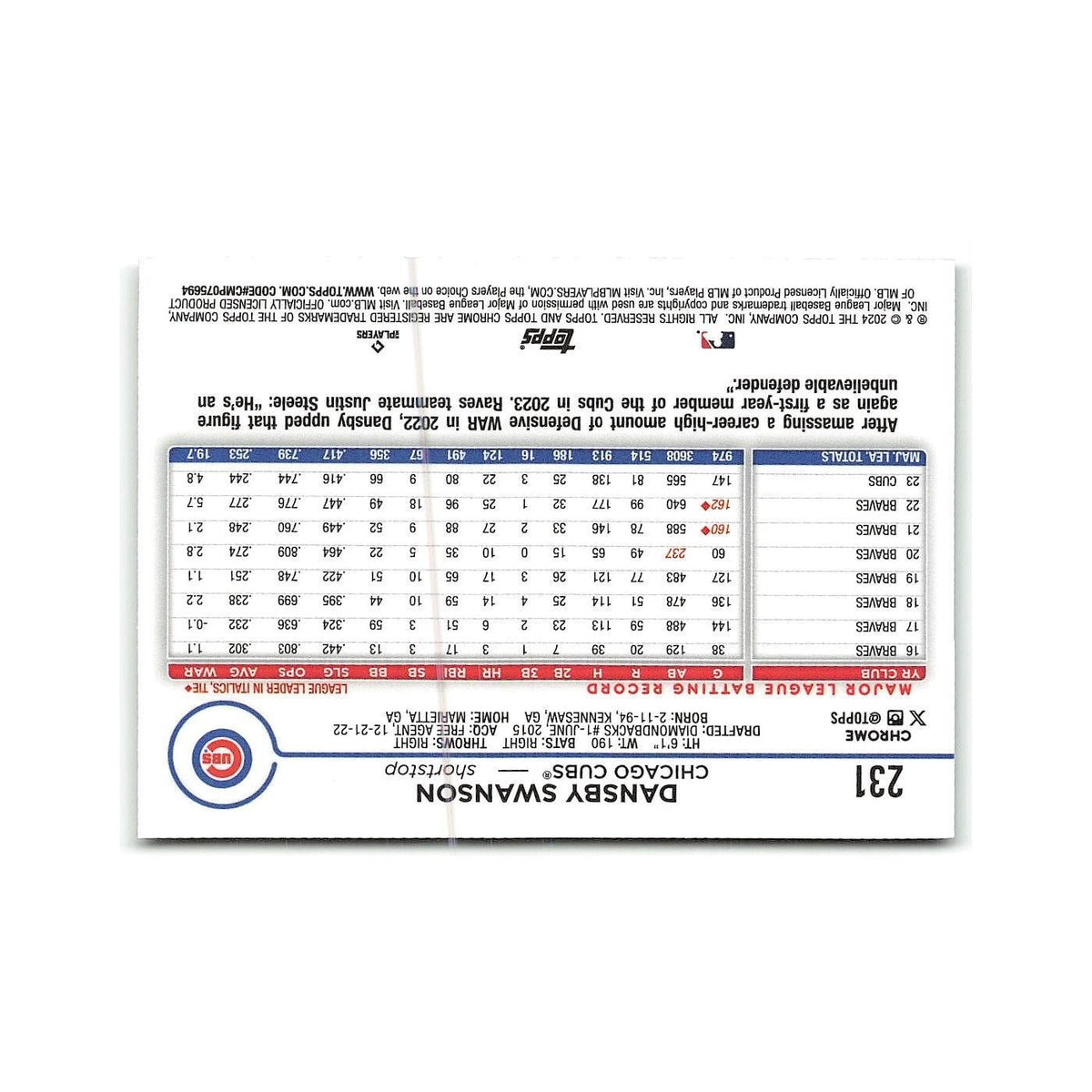 Dansby Swanson 2024 Topps Chrome #231 Chicago Cubs Baseball Card NM