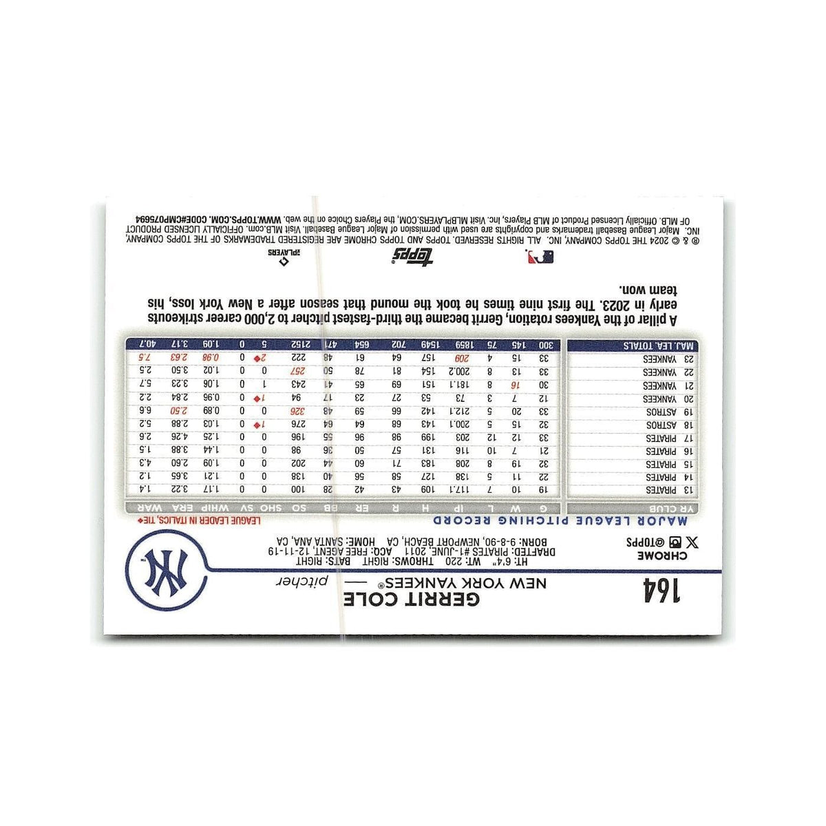 Gerrit Cole 2024 Topps Chrome #164 New York Yankees Baseball Card NM
