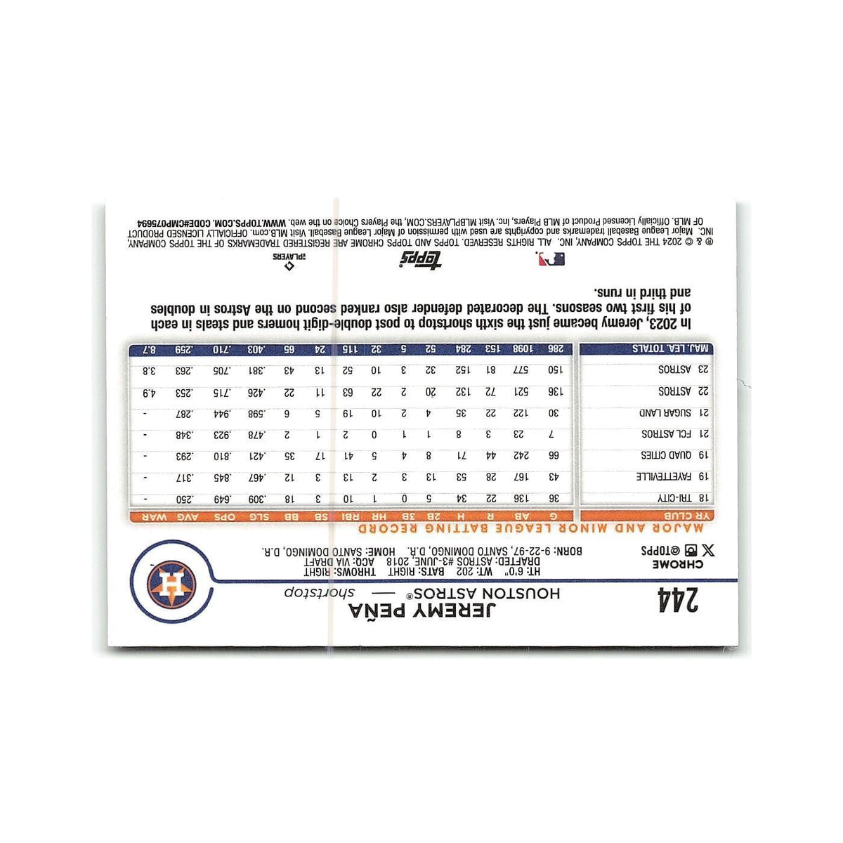 Jeremy Peña 2024 Topps Chrome #244 Houston Astros Baseball Card NM