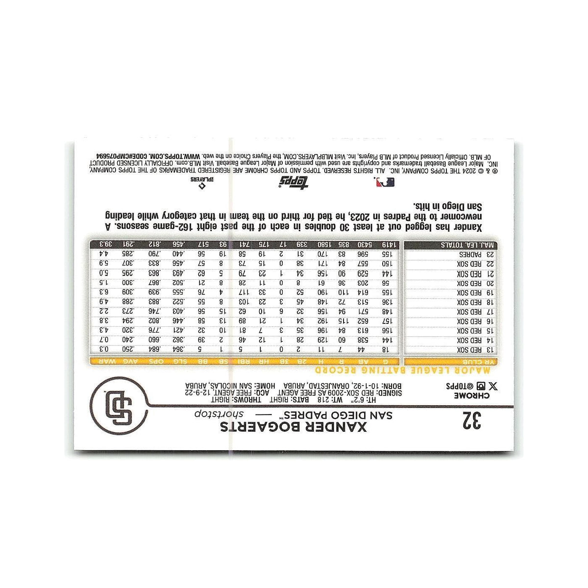 Xander Bogaerts 2024 Topps Chrome #32 San Diego Padres Baseball Card NM