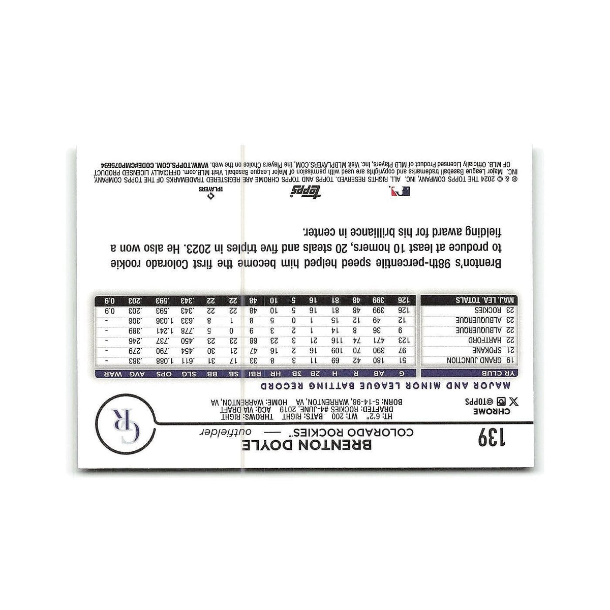 Brenton Doyle 2024 Topps Chrome #139 Colorado Rockies Baseball Card NM