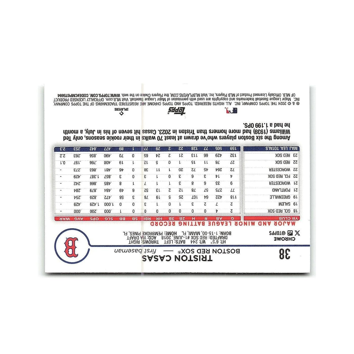 Triston Casas 2024 Topps Chrome #38 Boston Red Sox Baseball Card NM