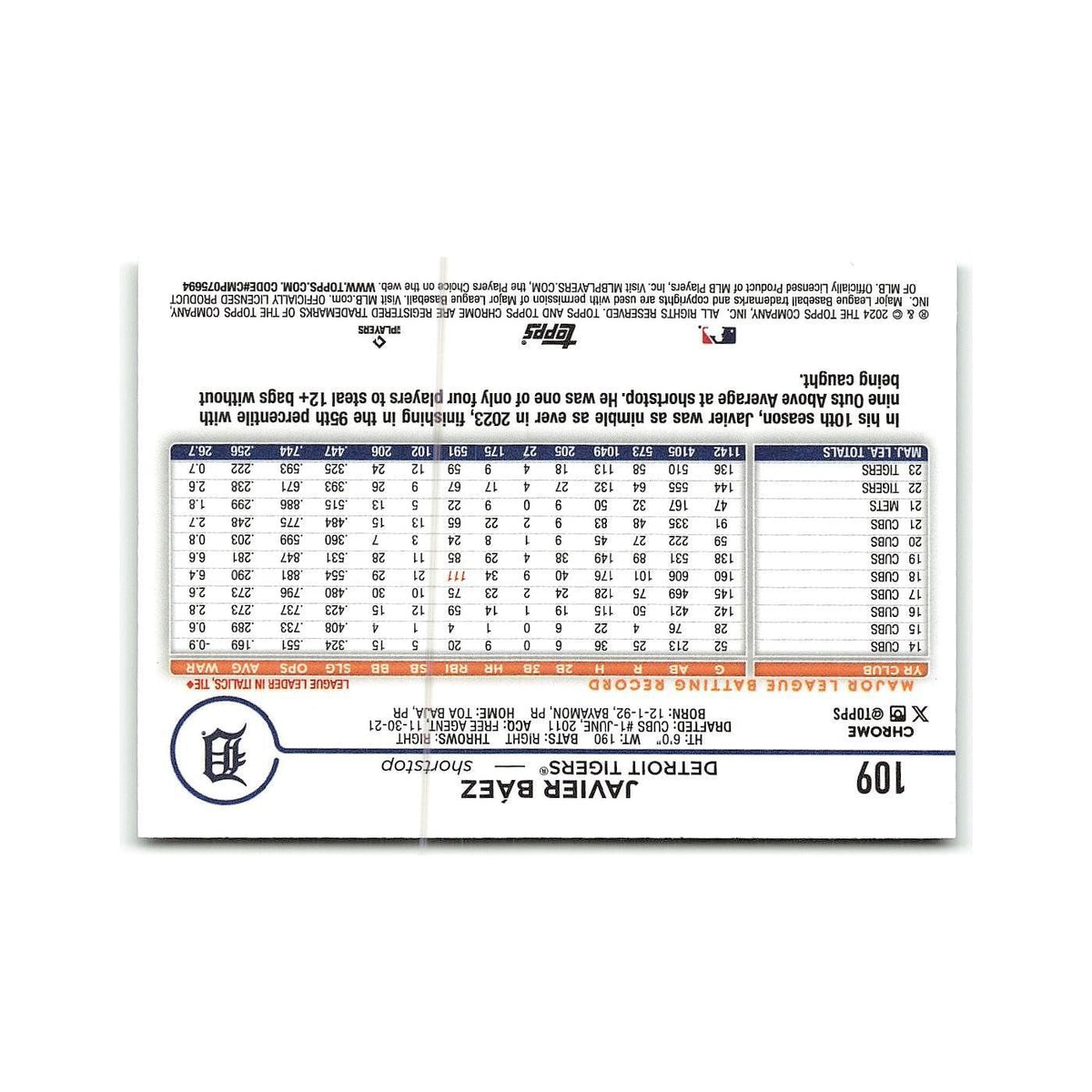 Javier Báez 2024 Topps Chrome #109 Detroit Tigers Baseball Card NM