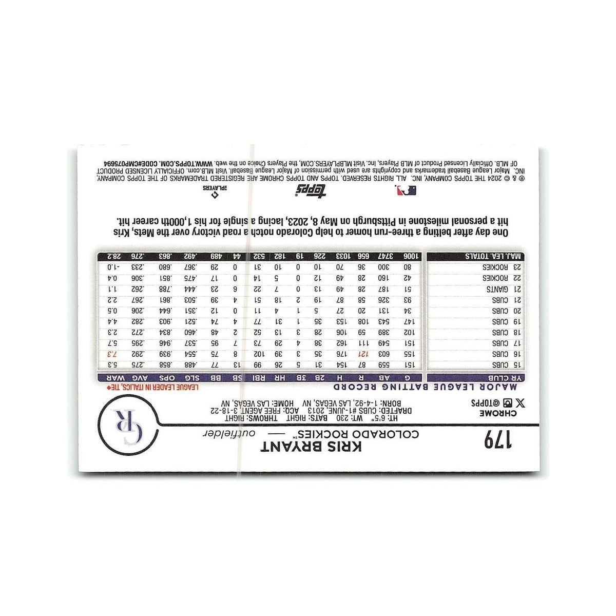 Kris Bryant 2024 Topps Chrome #179 Colorado Rockies Baseball Card NM