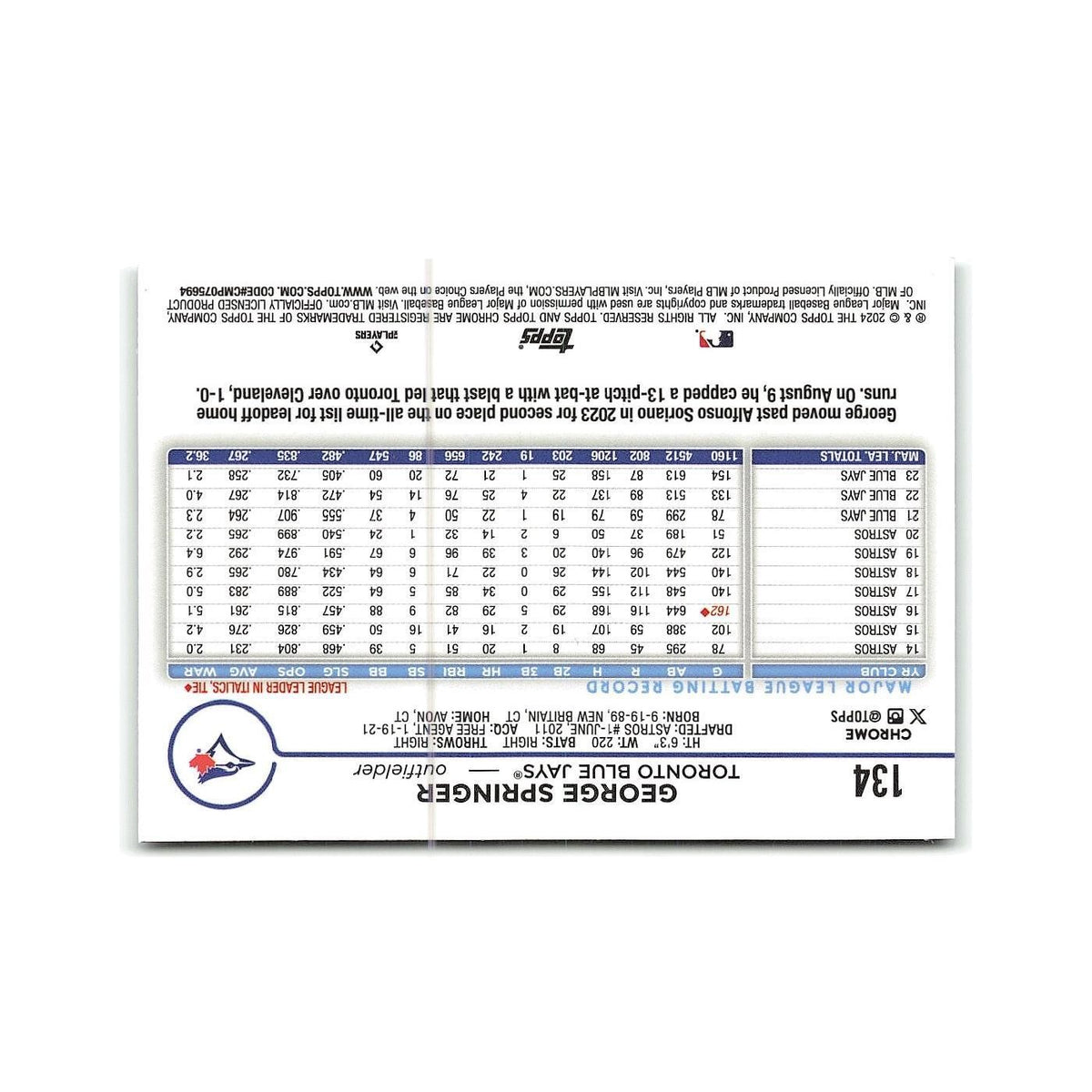 George Springer 2024 Topps Chrome #134 Toronto Blue Jays Baseball Card NM