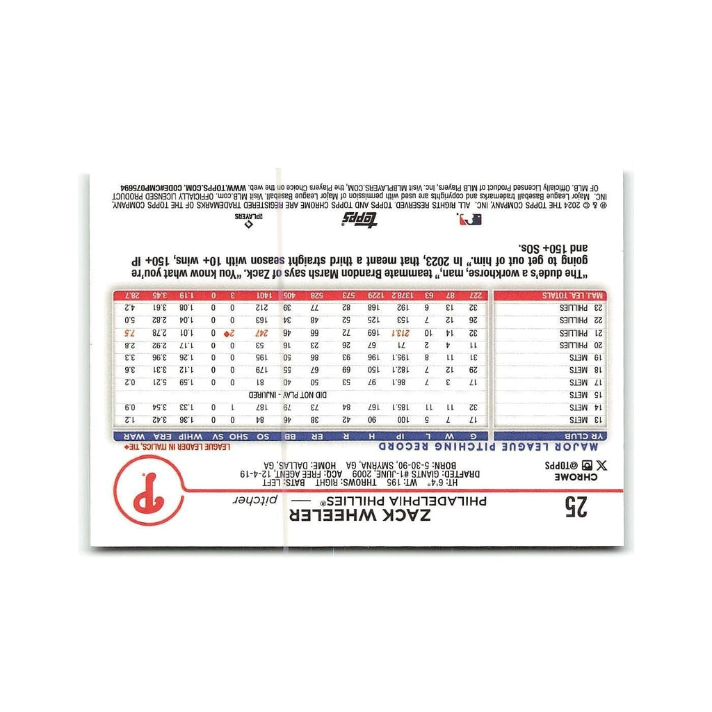 Zack Wheeler 2024 Topps Chrome #25 Philadelphia Phillies Baseball Card NM