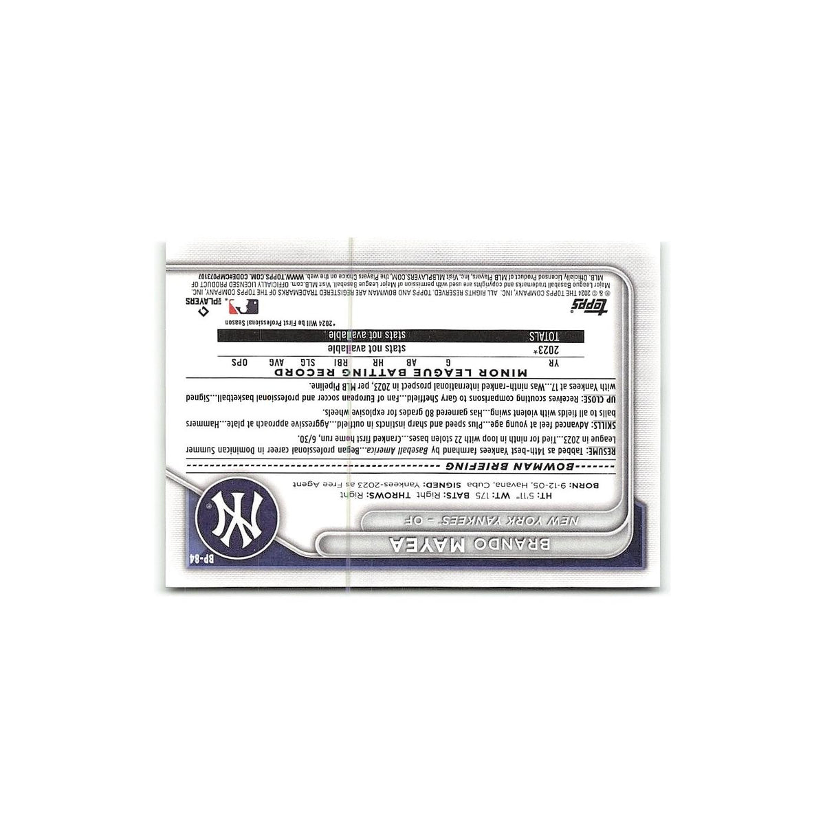 Brando Mayea 2024 Bowman Prospects #BP-84 New York Yankees Baseball Card NM