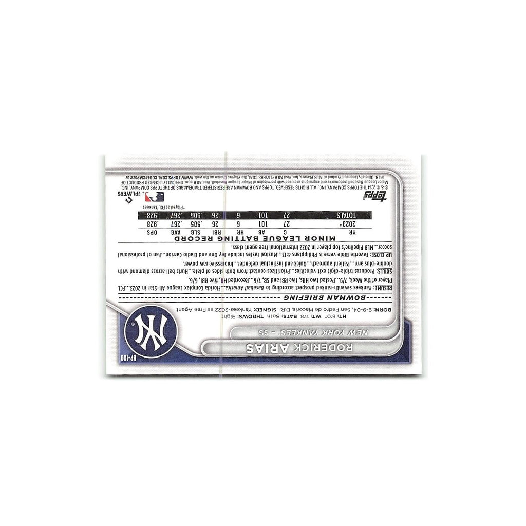 Roderick Arias 2024 Bowman Prospects #BP-100 New York Yankees Baseball Card NM