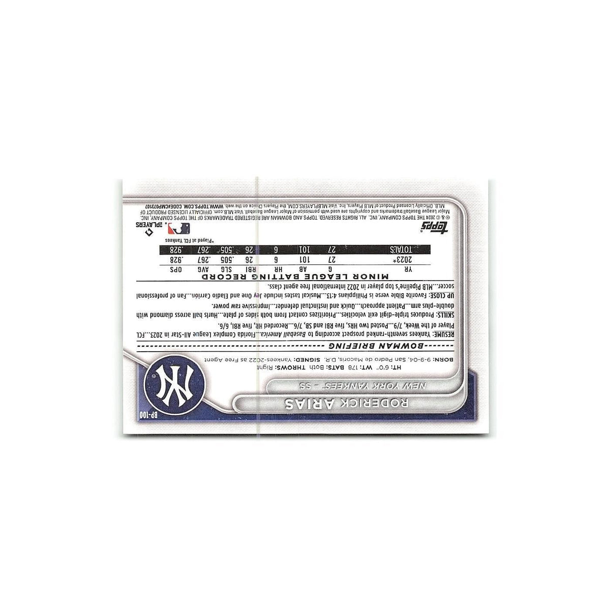 Roderick Arias 2024 Bowman Prospects #BP-100 New York Yankees Baseball Card NM