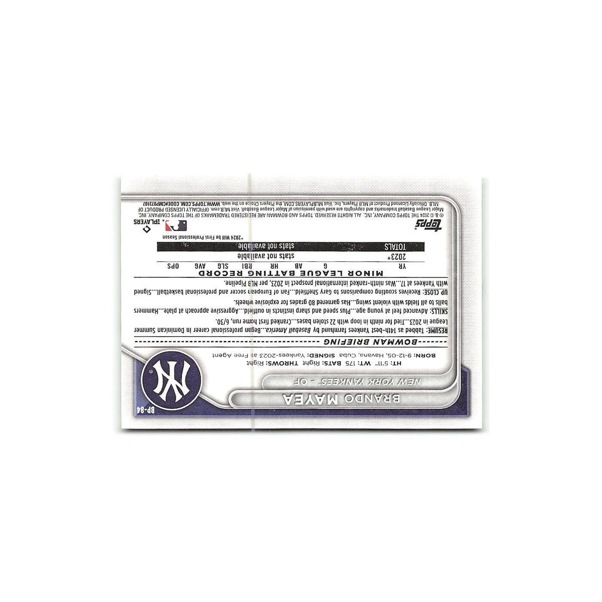 Brando Mayea 2024 Bowman Prospects #BP-84 New York Yankees Baseball Card NM