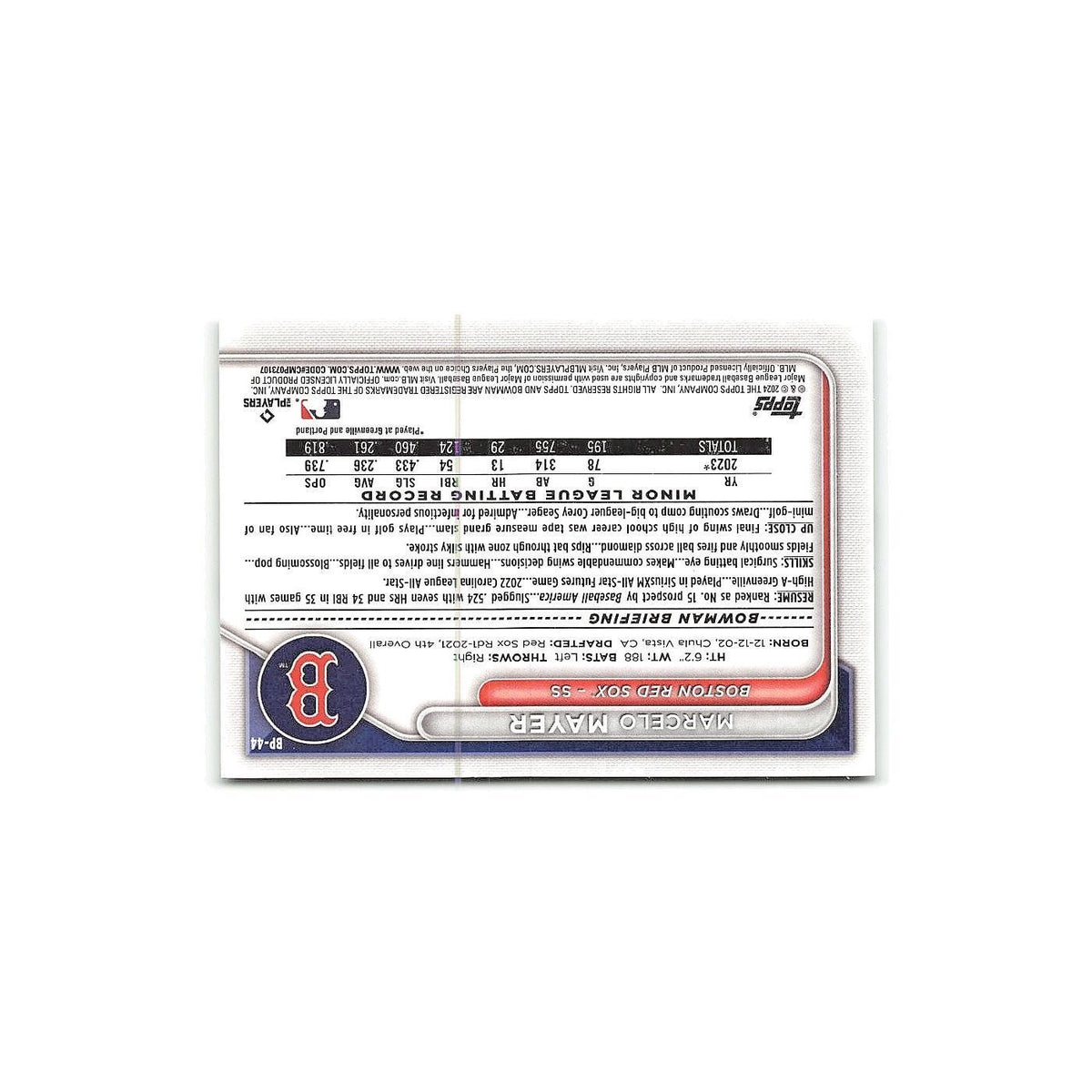 Marcelo Mayer 2024 Bowman Prospects #BP-44 Boston Red Sox Baseball Card NM