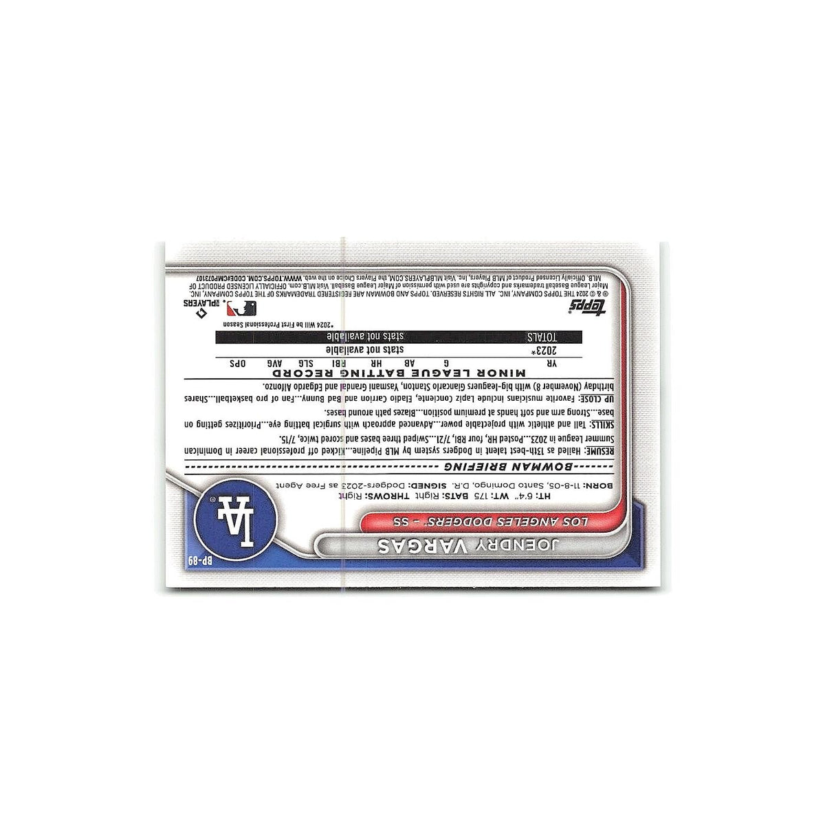 Joendry Vargas 2024 Bowman Prospects #BP-89 Los Angeles Dodgers Baseball Card NM