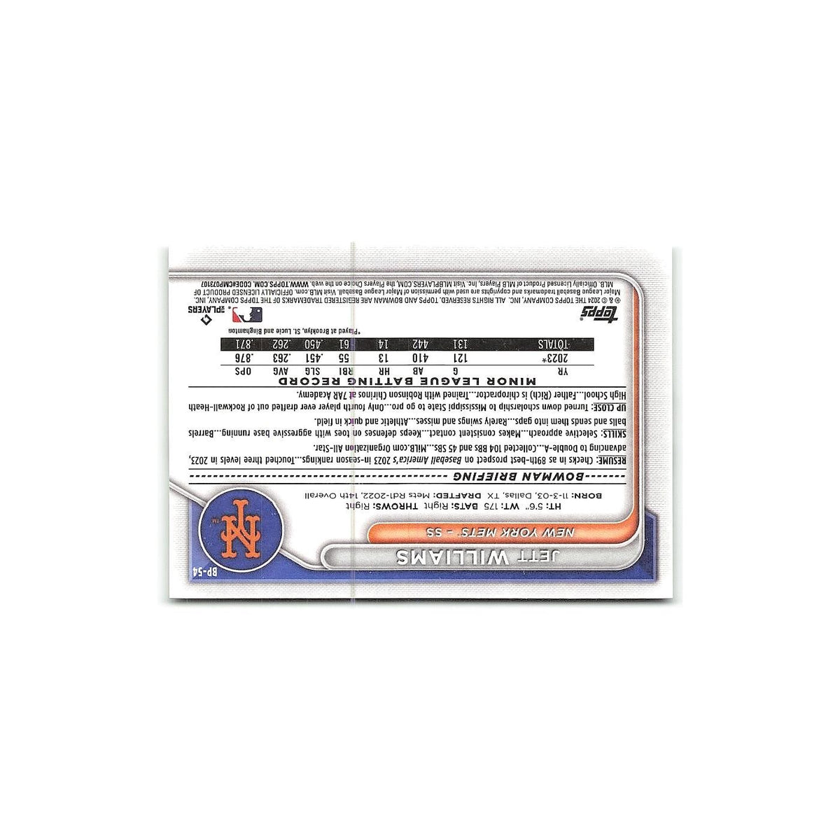 Jett Williams 2024 Bowman Prospects #BP-54 New York Mets Baseball Card NM