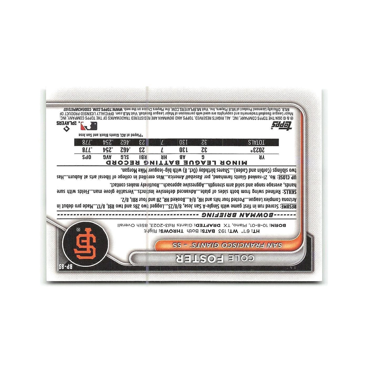 Cole Foster 2024 Bowman Prospects #BP-83 San Francisco Giants Baseball Card NM