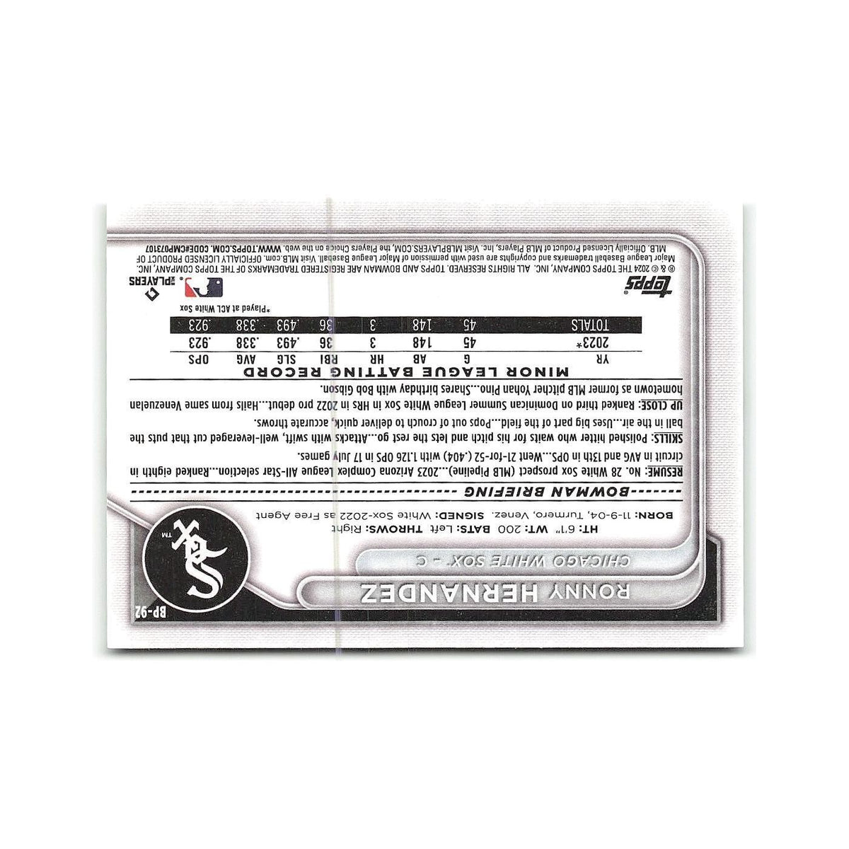 Ronny Hernandez 2024 Bowman Prospects #BP-92 Chicago White Sox Baseball Card NM