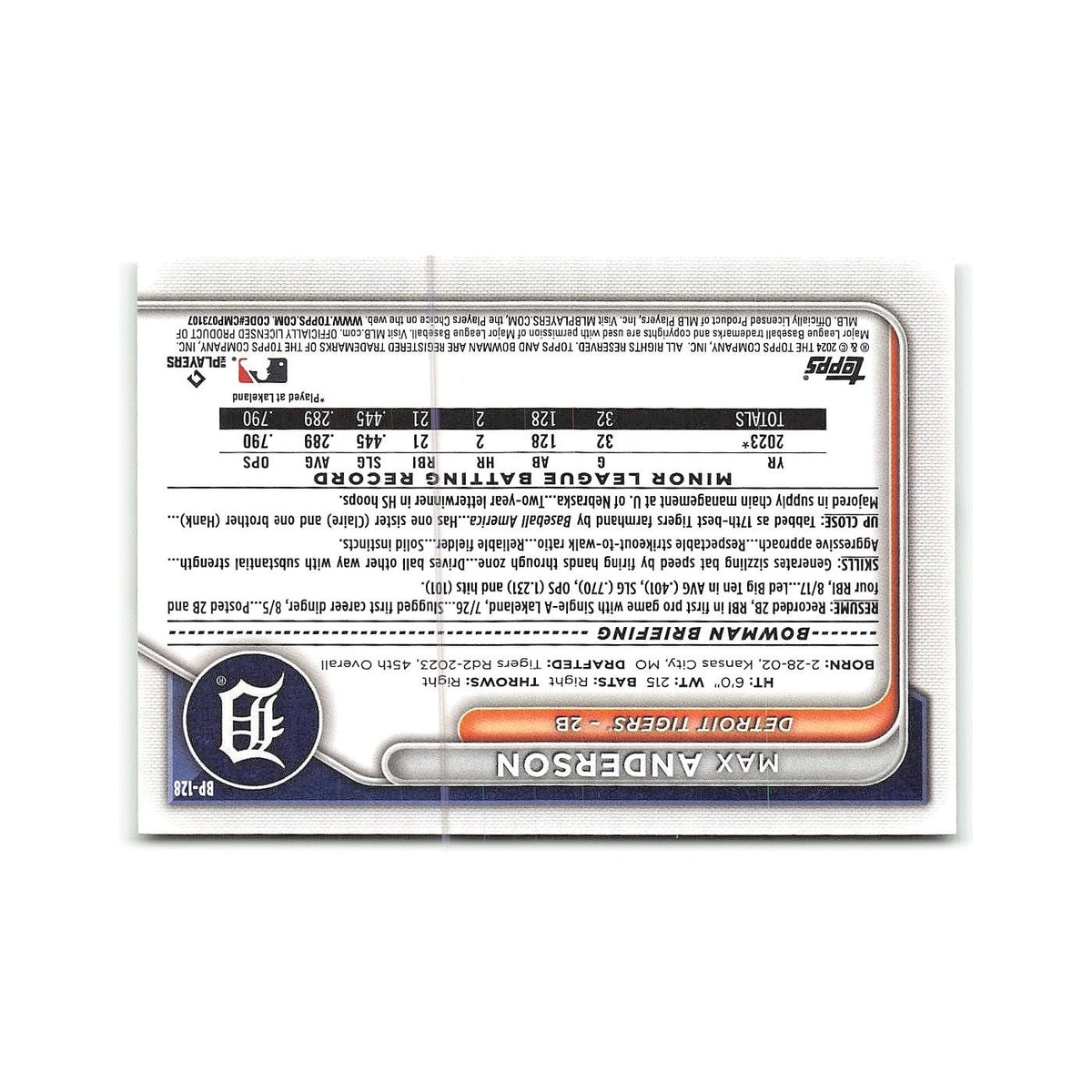 Max Anderson 2024 Bowman Prospects #BP-128 Detroit Tigers Baseball Card NM