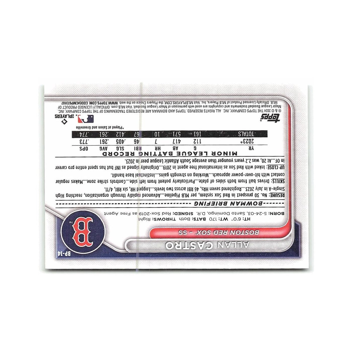 Allan Castro 2024 Bowman Prospects #BP-14 Boston Red Sox Baseball Card NM