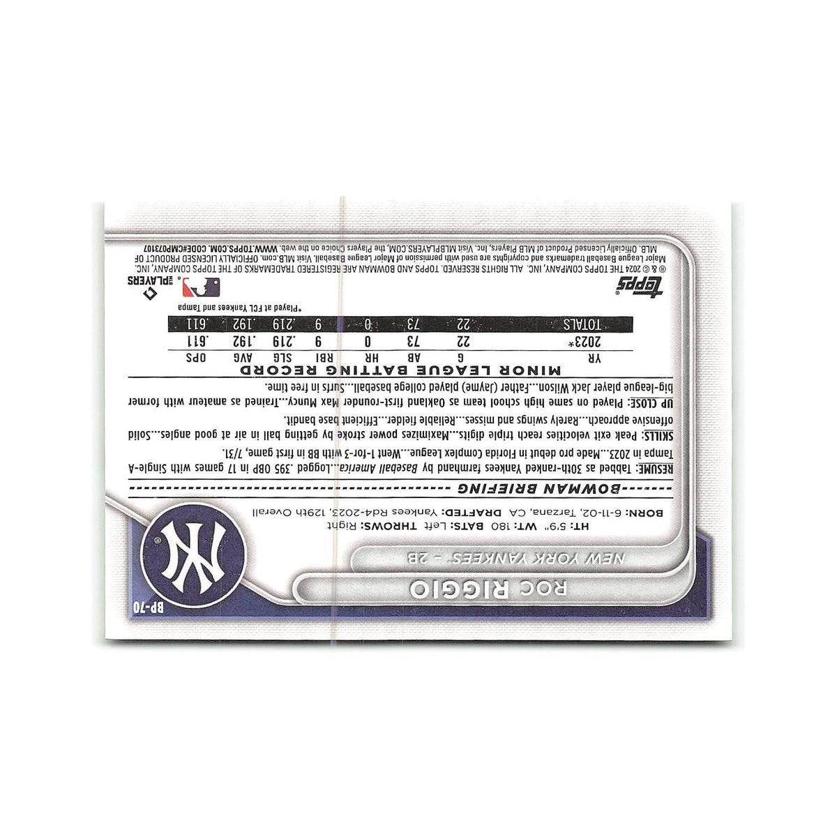 Roc Riggio 2024 Bowman Prospects #BP-70 New York Yankees Baseball Card NM