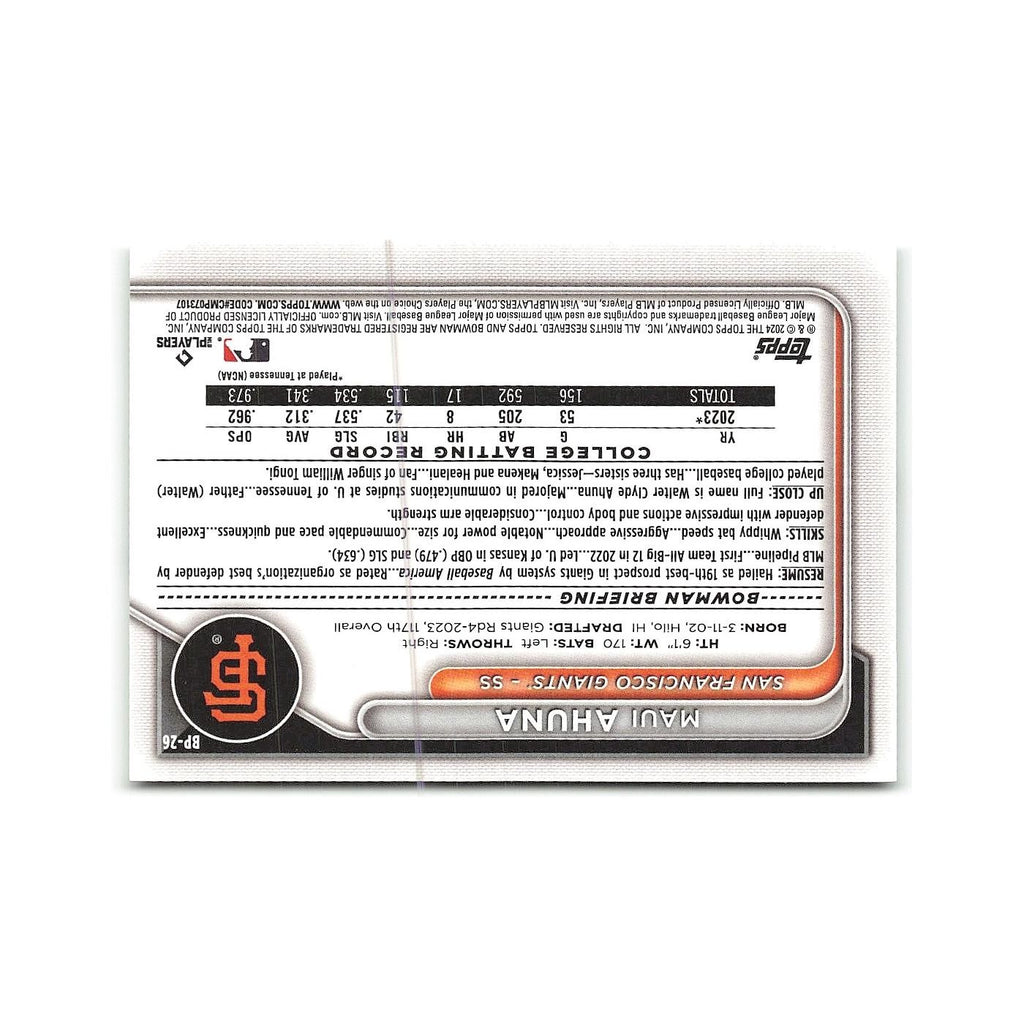 Maui Ahuna 2024 Bowman Prospects #BP-26 San Francisco Giants Baseball Card NM