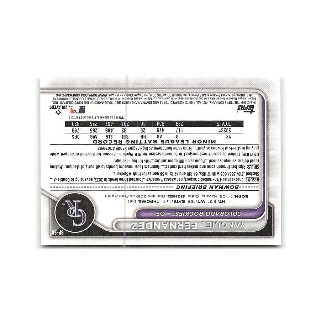 Yanquiel Fernandez 2024 Bowman Prospects #BP-90 Colorado Rockies NM
