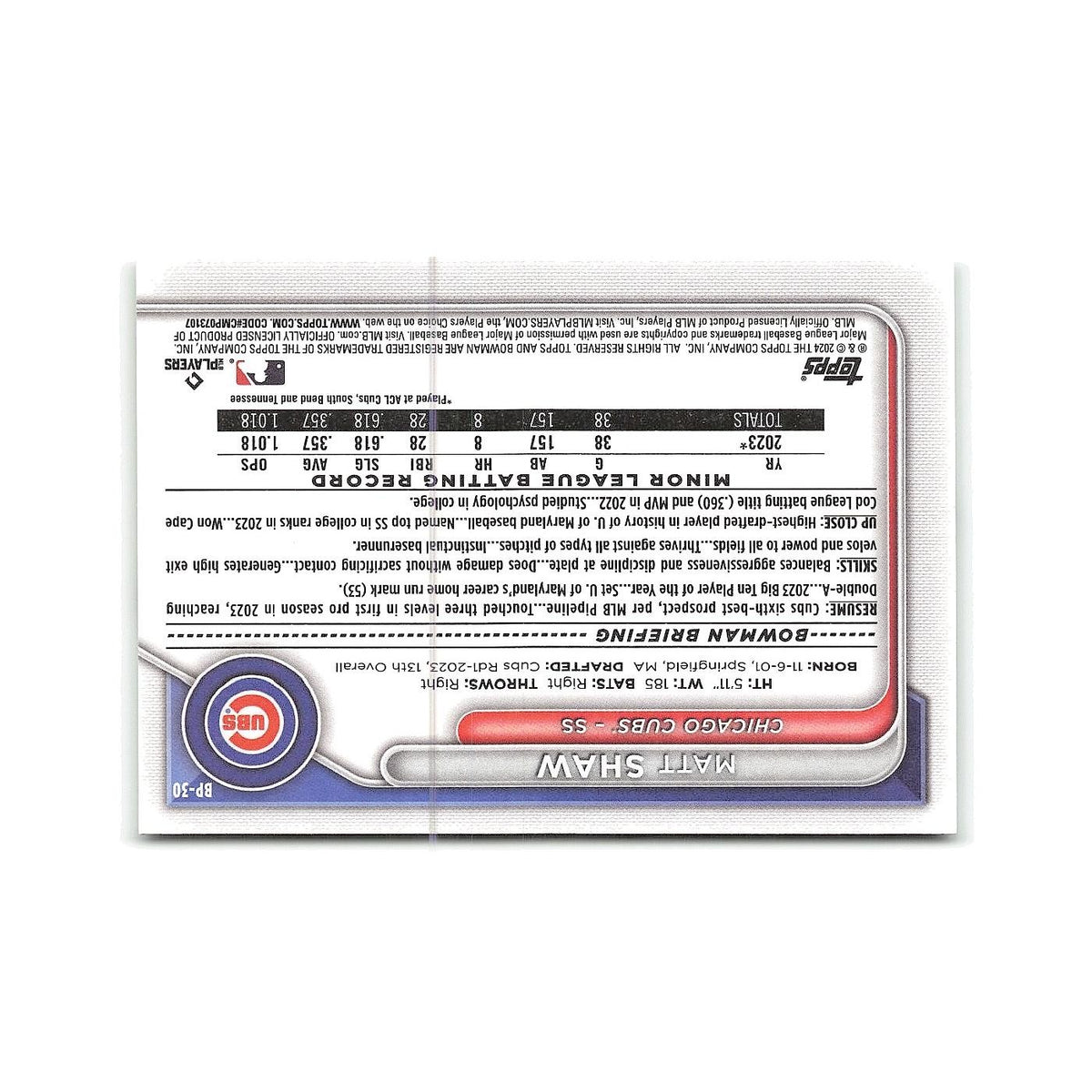 Matt Shaw 2024 Bowman Prospects #BP-30 Chicago Cubs Baseball Card NM