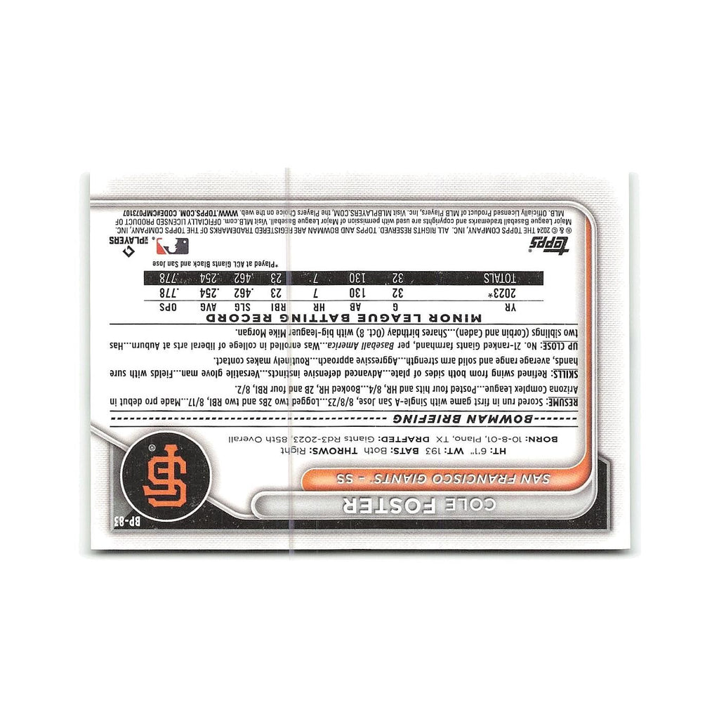 Cole Foster 2024 Bowman Prospects #BP-83 San Francisco Giants Baseball Card NM