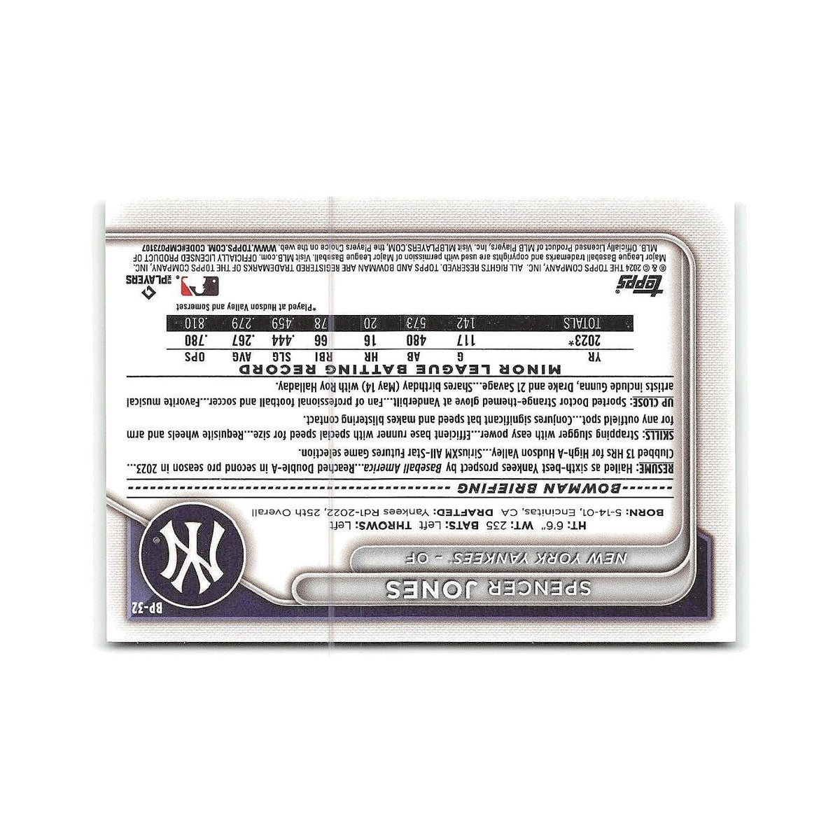 Spencer Jones 2024 Bowman Prospects #BP-32 New York Yankees Baseball Card NM