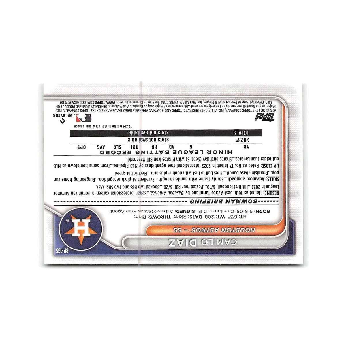 Camilo Diaz 2024 Bowman Prospects #BP-135 Houston Astros Baseball Card NM