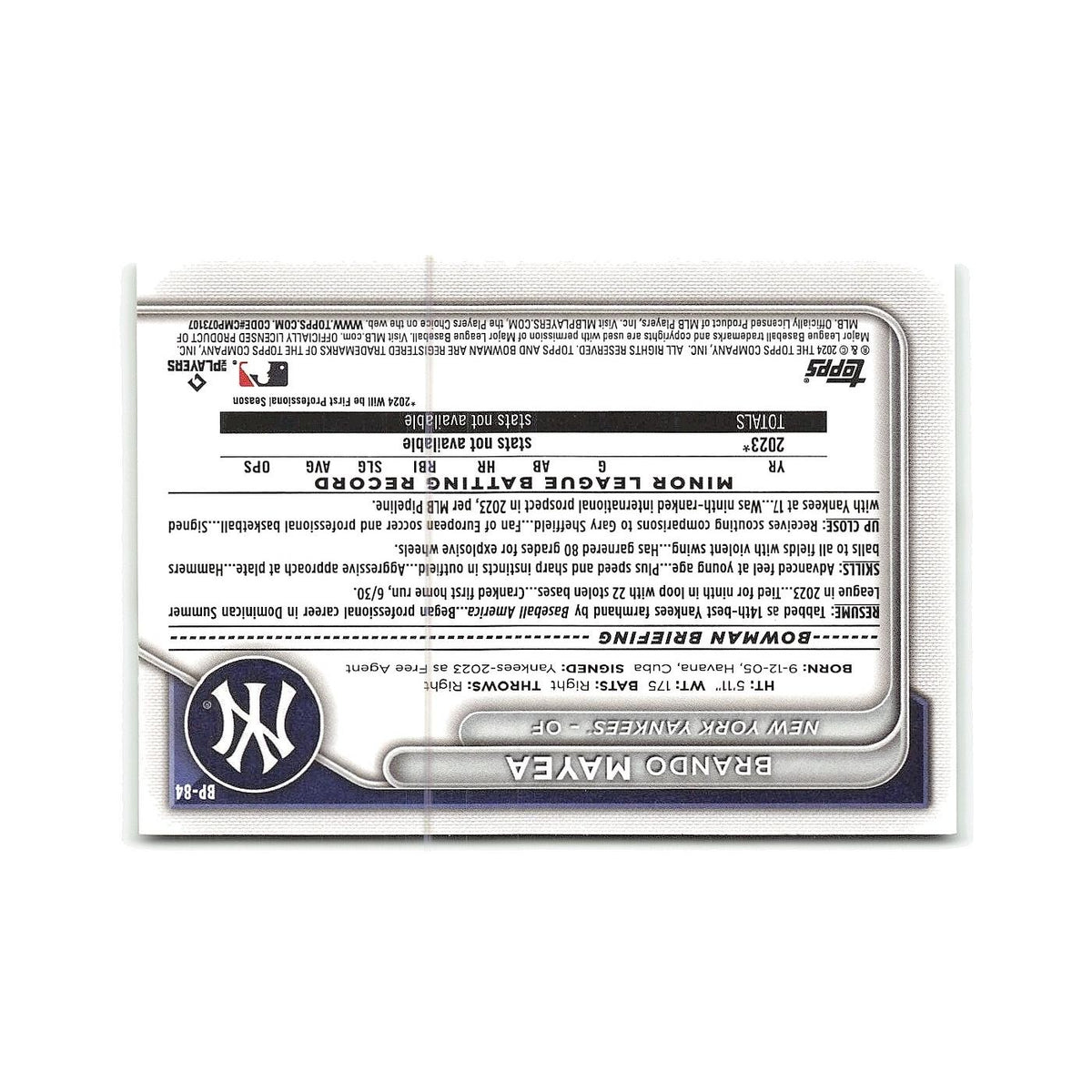 Brando Mayea 2024 Bowman Prospects #BP-84 New York Yankees Baseball Card NM