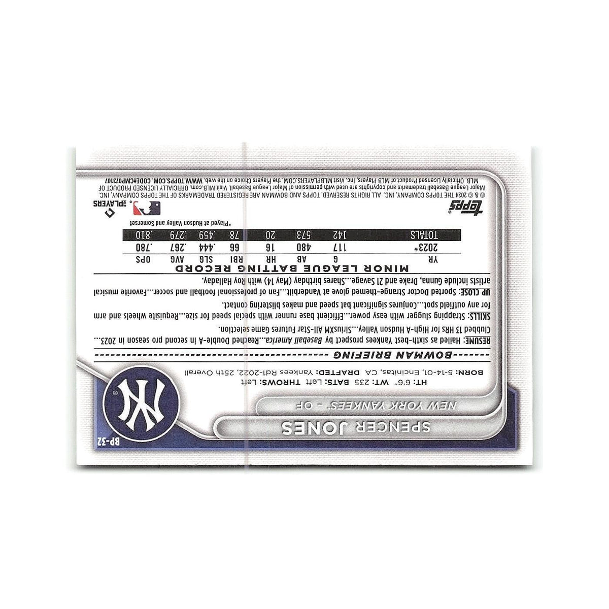 Spencer Jones 2024 Bowman Prospects #BP-32 New York Yankees Baseball Card NM