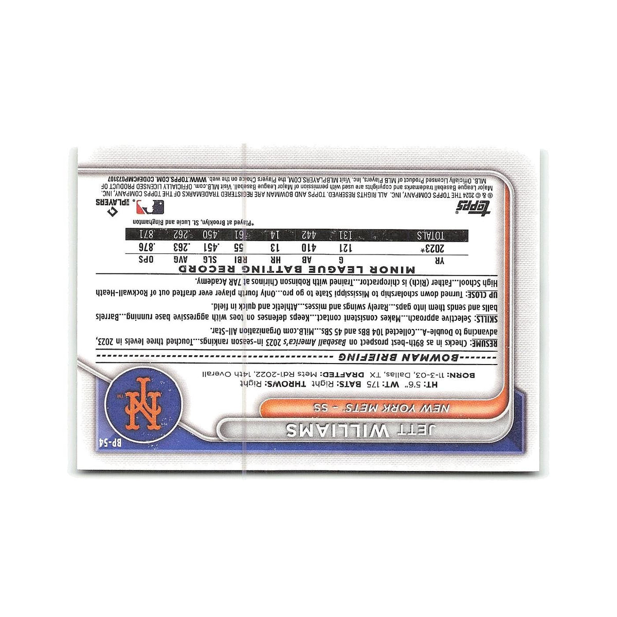 Jett Williams 2024 Bowman Prospects #BP-54 New York Mets Baseball Card NM