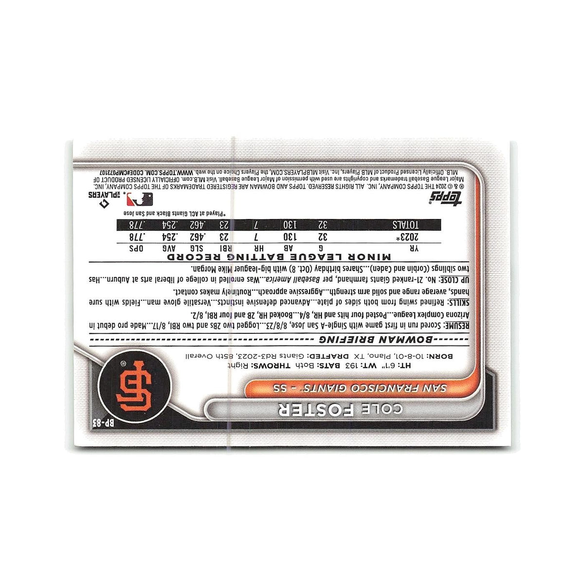 Cole Foster 2024 Bowman Prospects #BP-83 San Francisco Giants Baseball Card NM