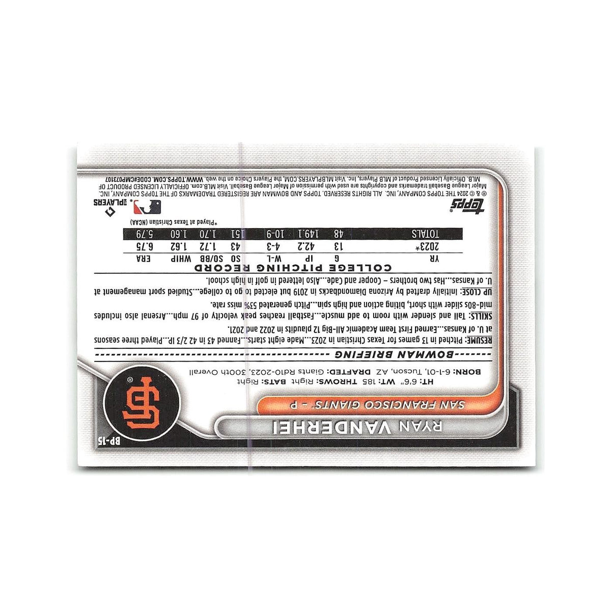 Ryan Vanderhei 2024 Bowman Prospects #BP-15 San Francisco Giants NM