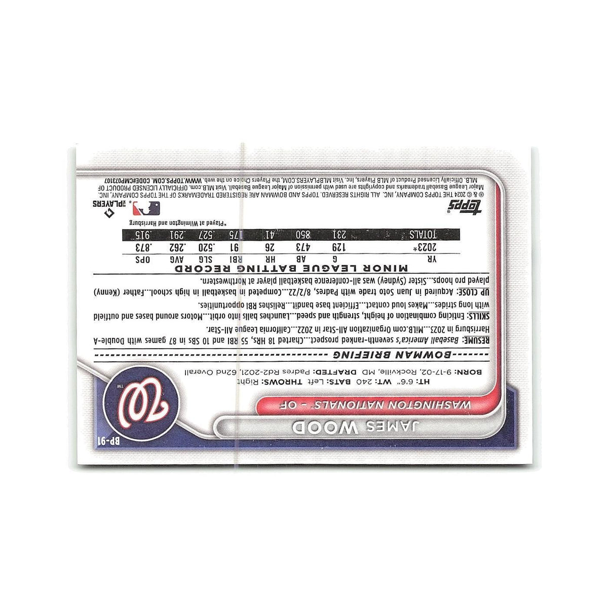 James Wood 2024 Bowman Prospects #BP-91 Washington Nationals Baseball Card NM