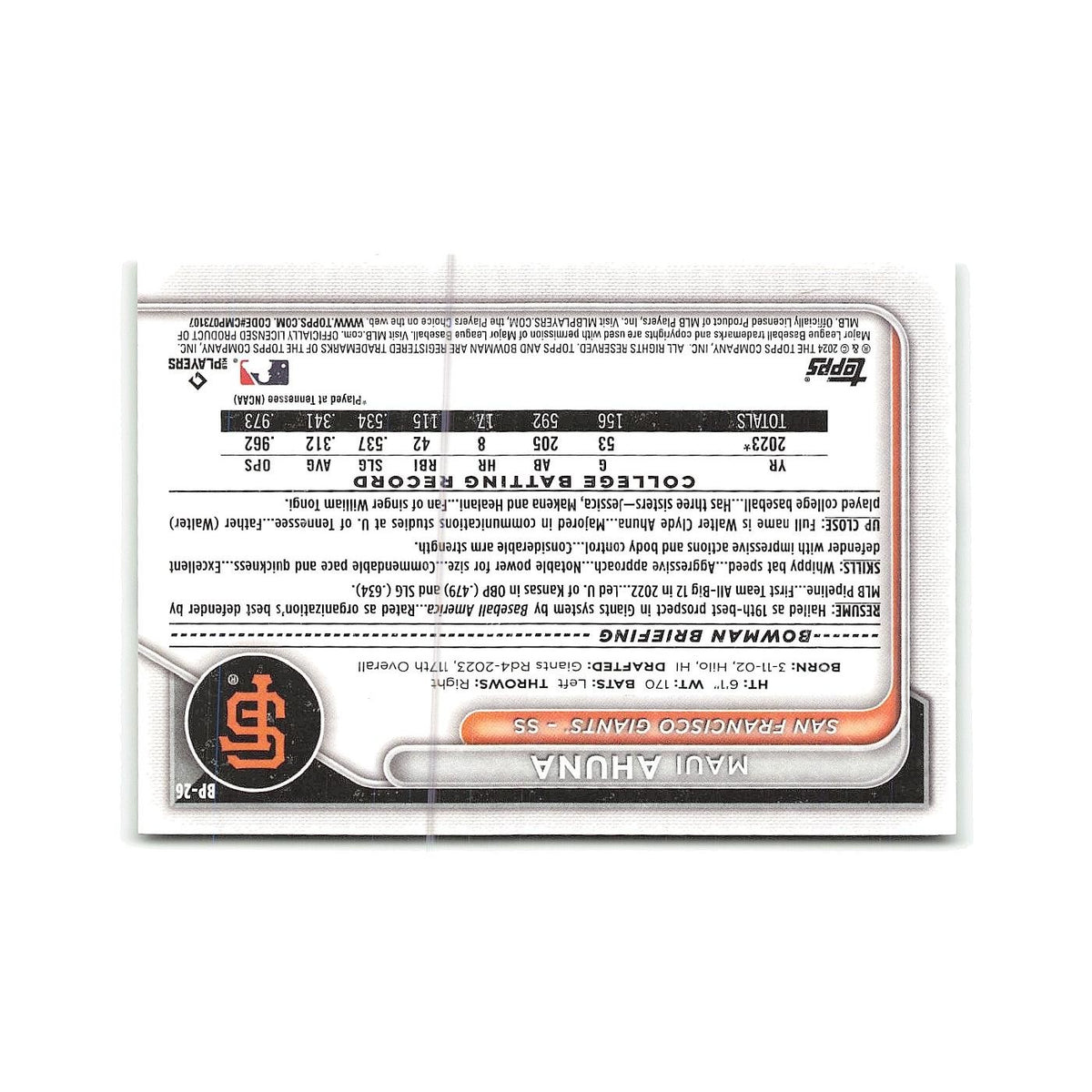 Maui Ahuna 2024 Bowman Prospects #BP-26 San Francisco Giants Baseball Card NM