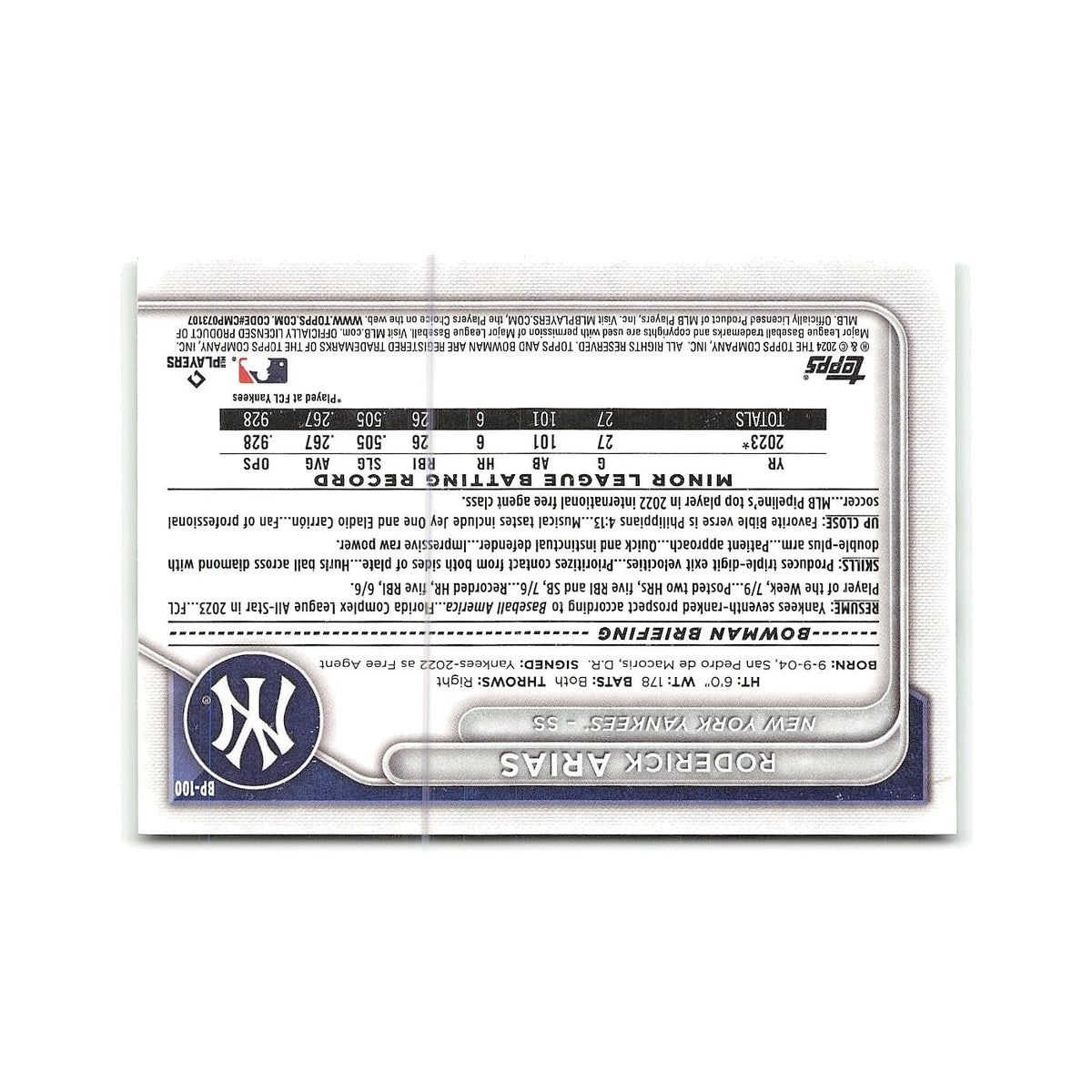 Roderick Arias 2024 Bowman Prospects #BP-100 New York Yankees Baseball Card NM