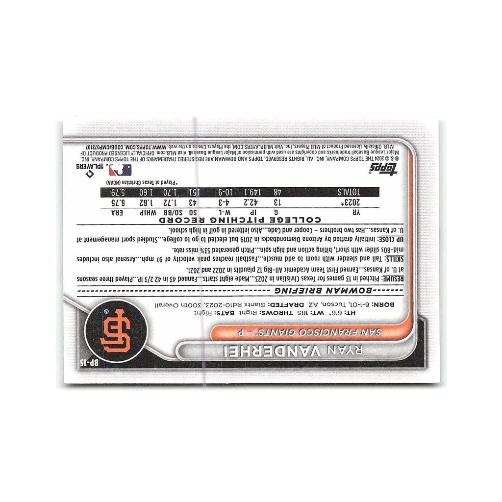 Ryan Vanderhei 2024 Bowman Prospects #BP-15 San Francisco Giants NM