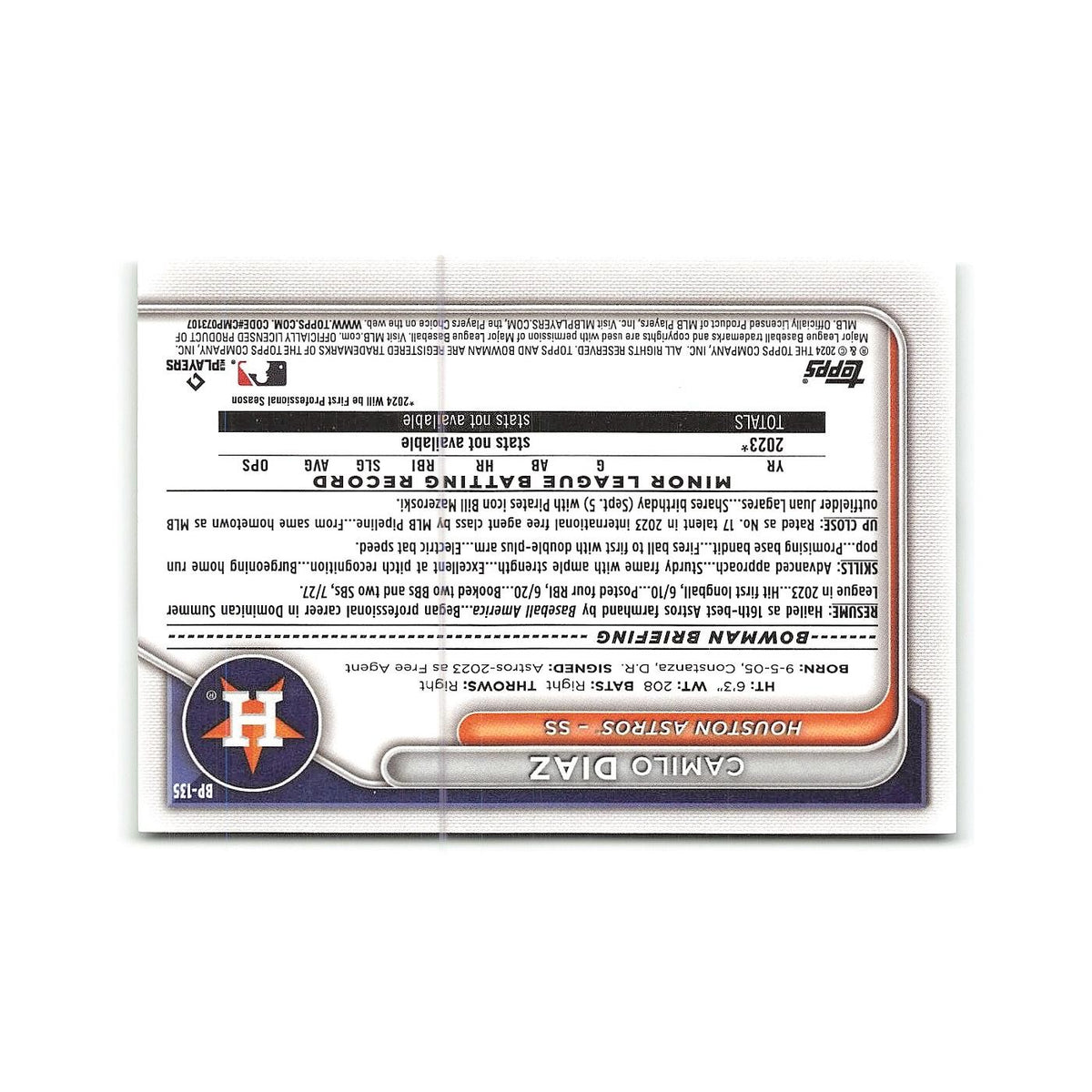 Camilo Diaz 2024 Bowman Prospects #BP-135 Houston Astros Baseball Card NM