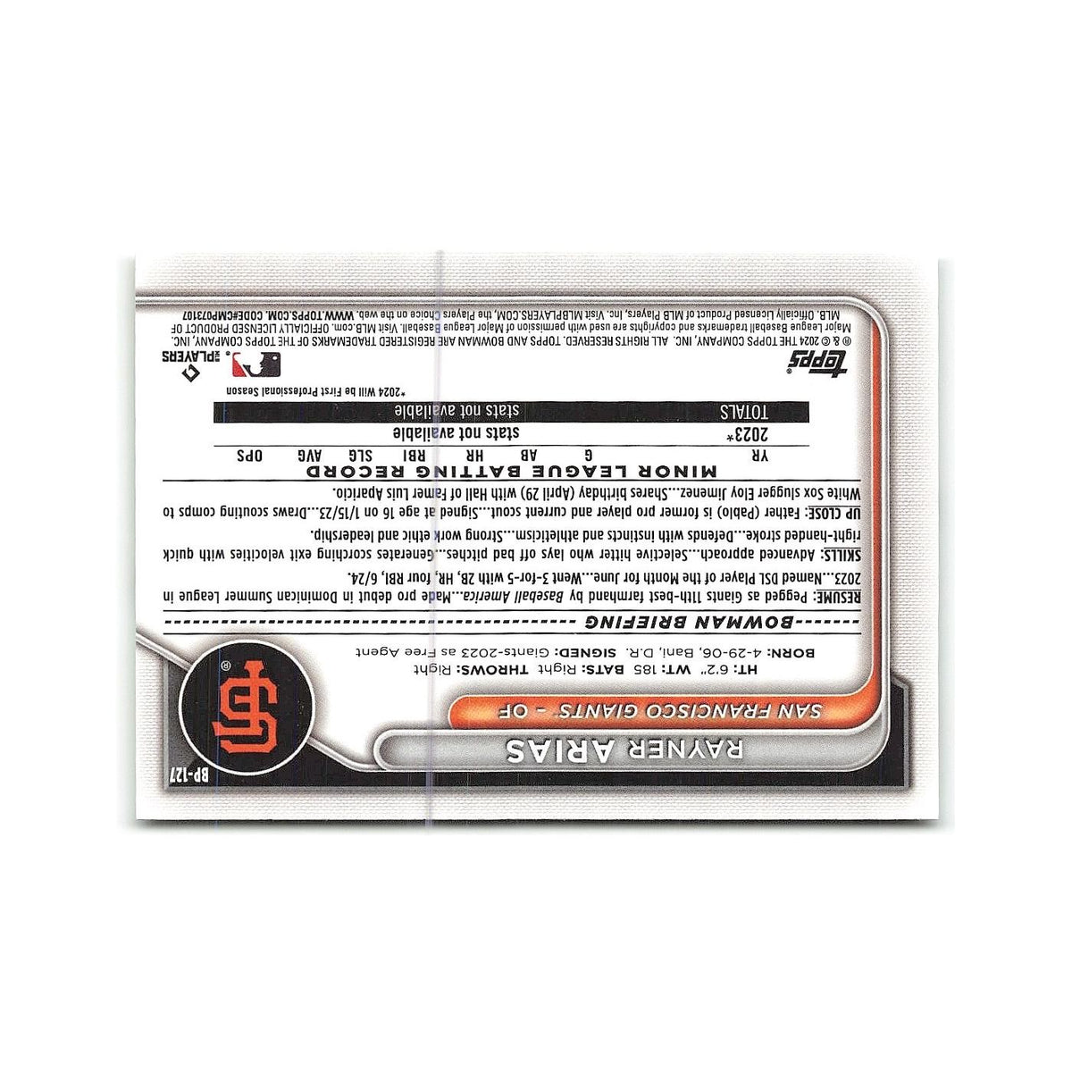 Rayner Arias 2024 Bowman Prospects #BP-127 San Francisco Giants Baseball Card NM