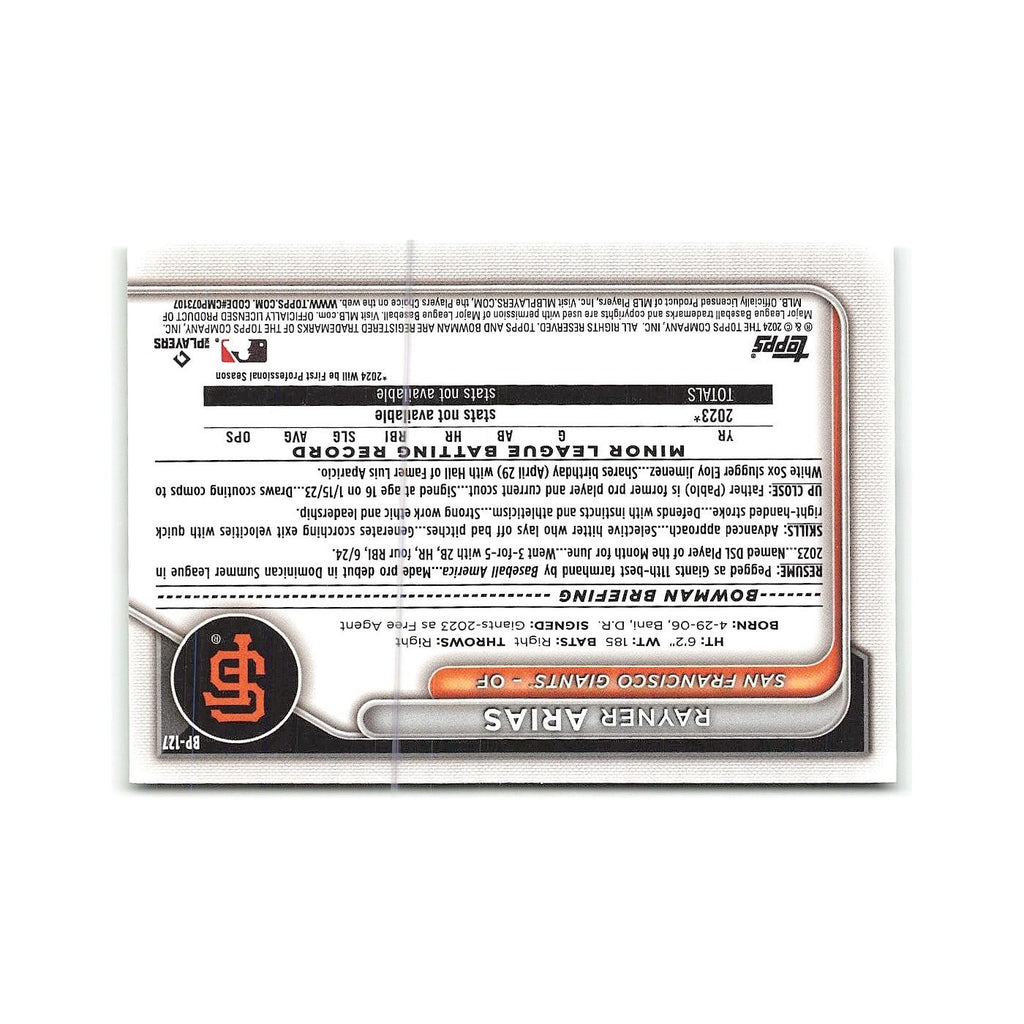 Rayner Arias 2024 Bowman Prospects #BP-127 San Francisco Giants Baseball Card NM