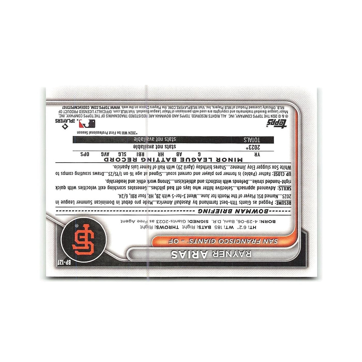 Rayner Arias 2024 Bowman Prospects #BP-127 San Francisco Giants Baseball Card NM