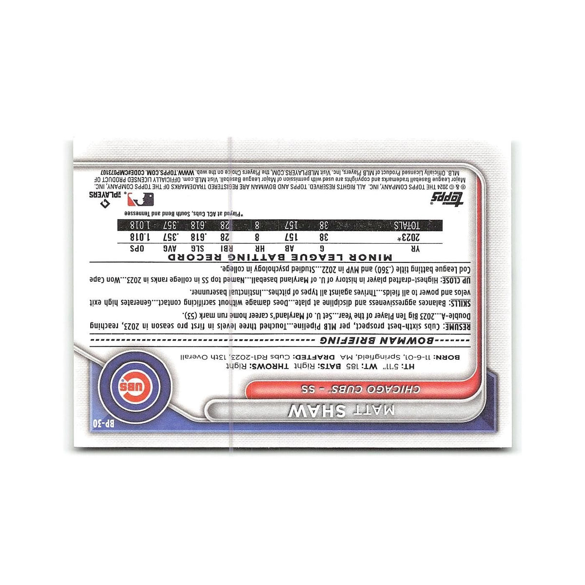 Matt Shaw 2024 Bowman Prospects #BP-30 Chicago Cubs Baseball Card NM