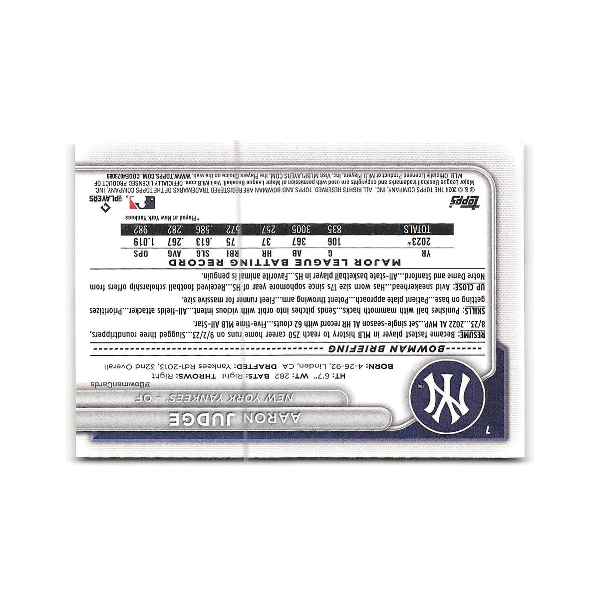Aaron Judge 2024 Bowman #7 New York Yankees Baseball Card NM