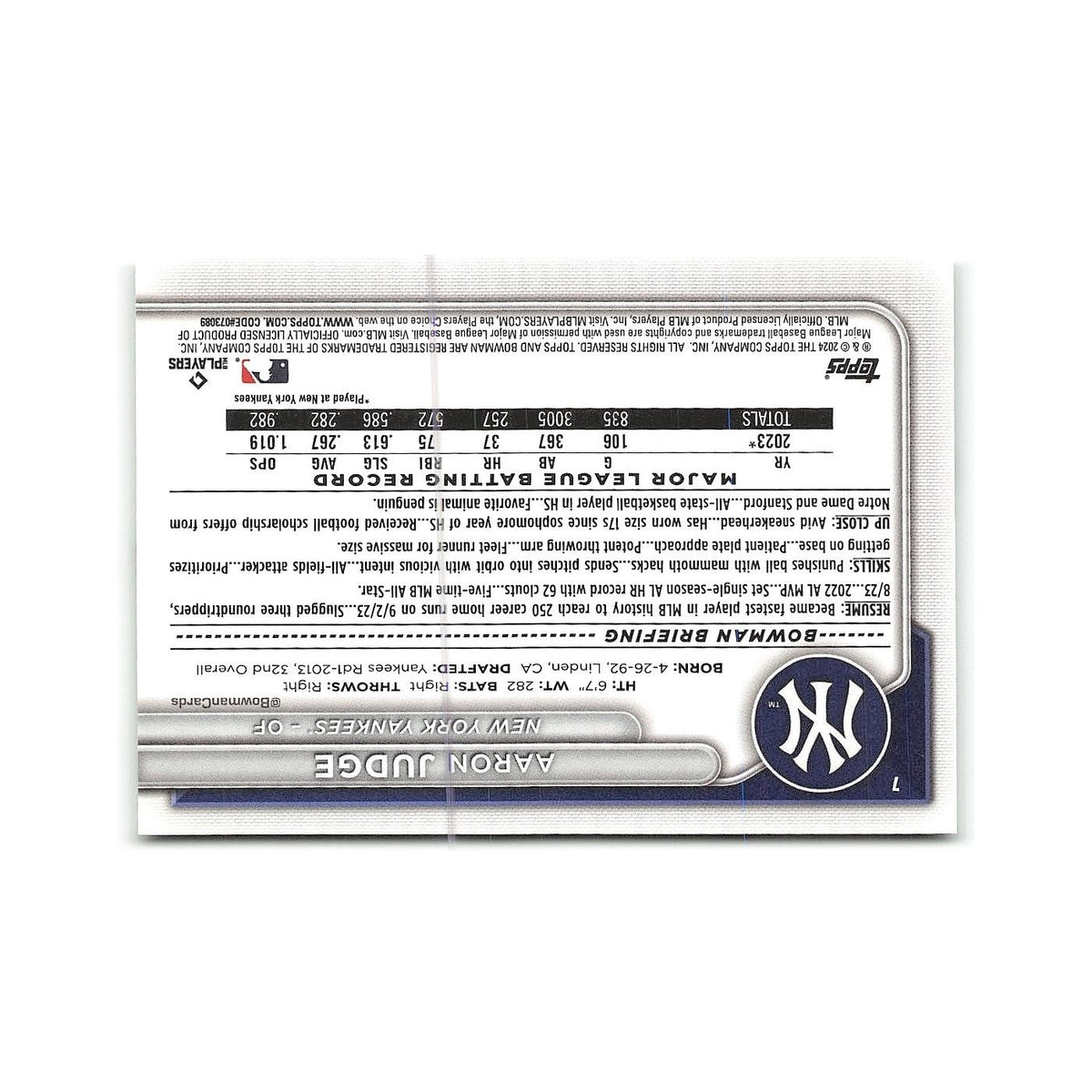 Aaron Judge 2024 Bowman #7 New York Yankees Baseball Card NM