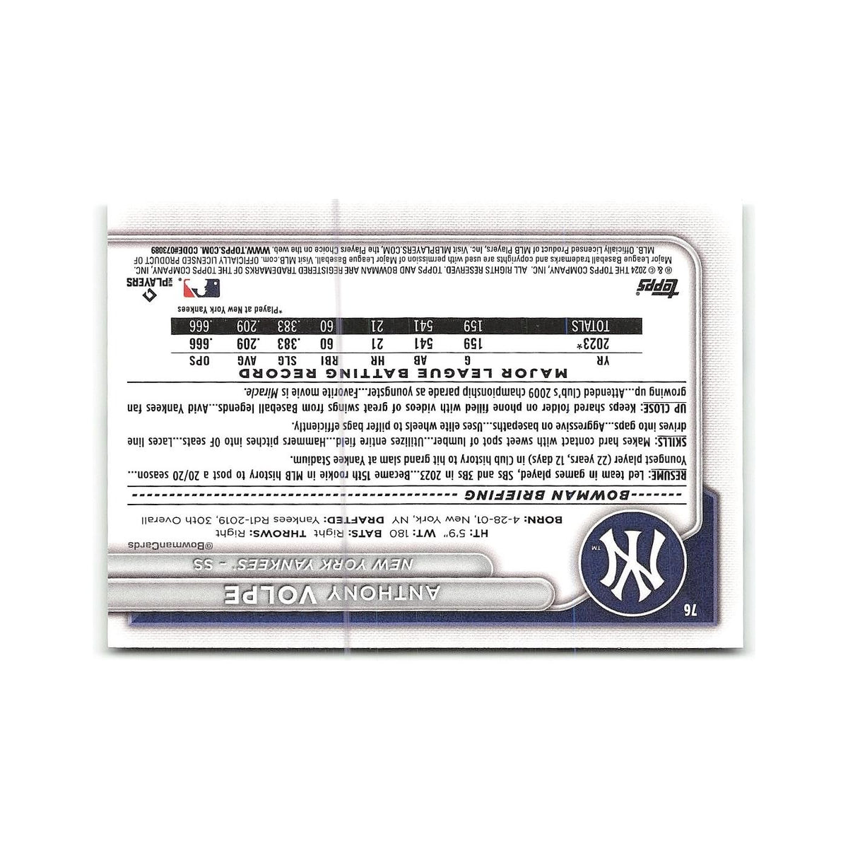 Anthony Volpe 2024 Bowman #76 New York Yankees Baseball Card NM