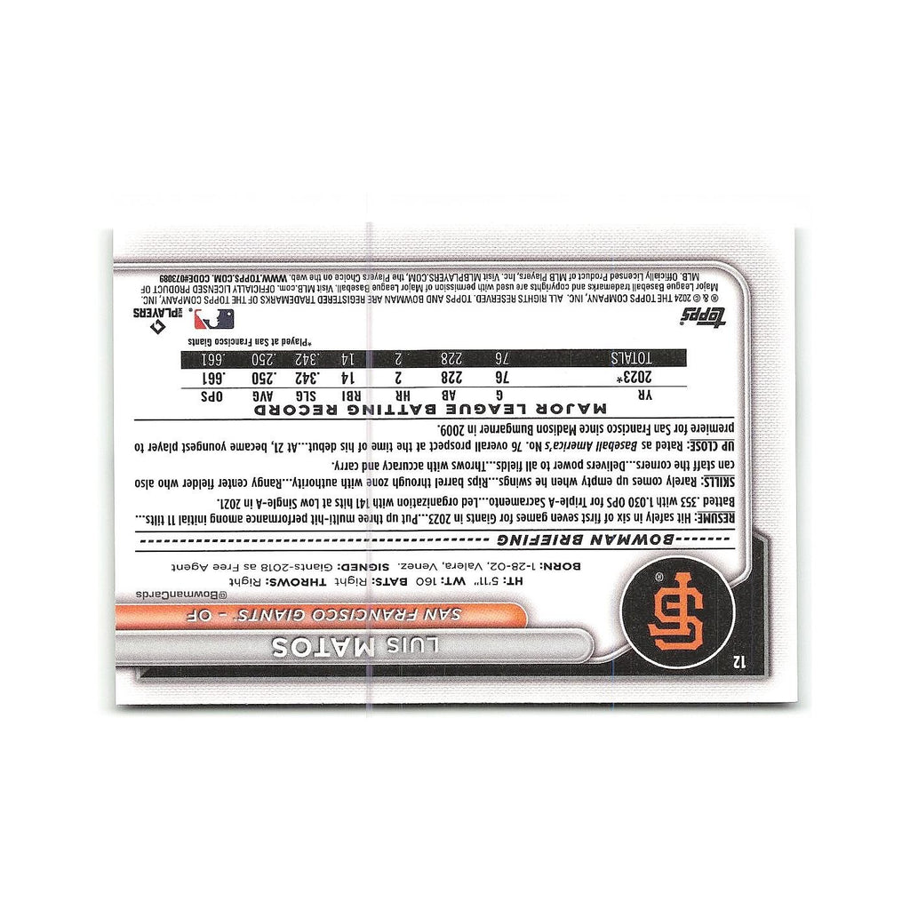 Luis Matos Rookie 2024 Bowman #12 San Francisco Giants Baseball Card NM