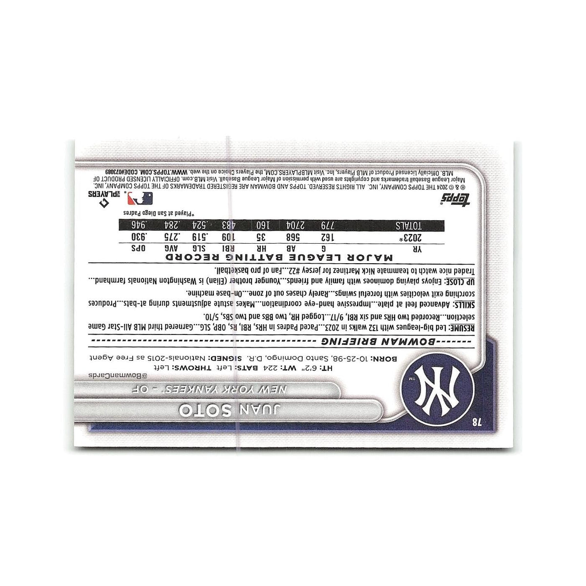 Juan Soto 2024 Bowman #78 New York Yankees Baseball Card NM